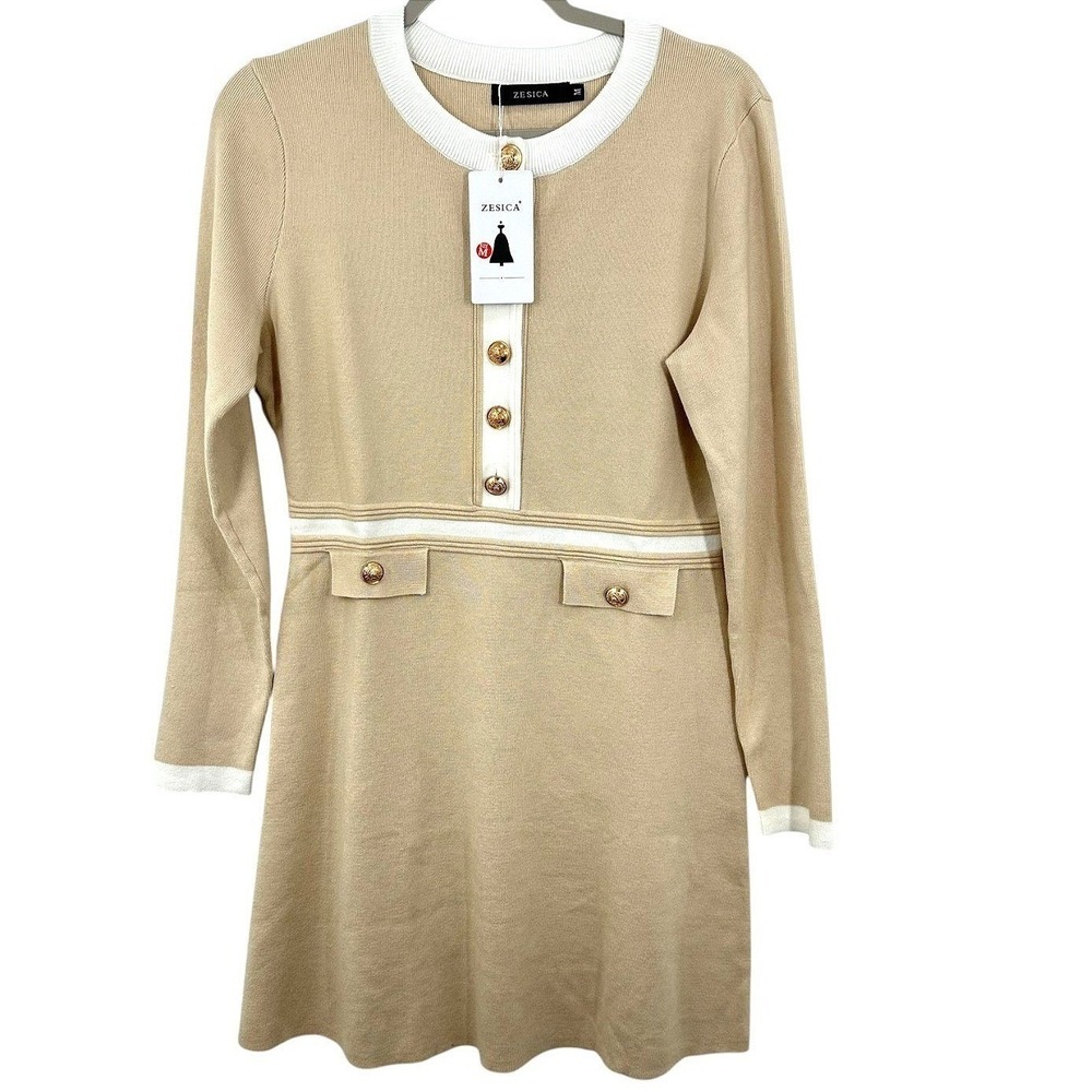 ZESICA Preppy Ladylike Sweater Dress Medium Beige White Gold Buttons Mini NWT